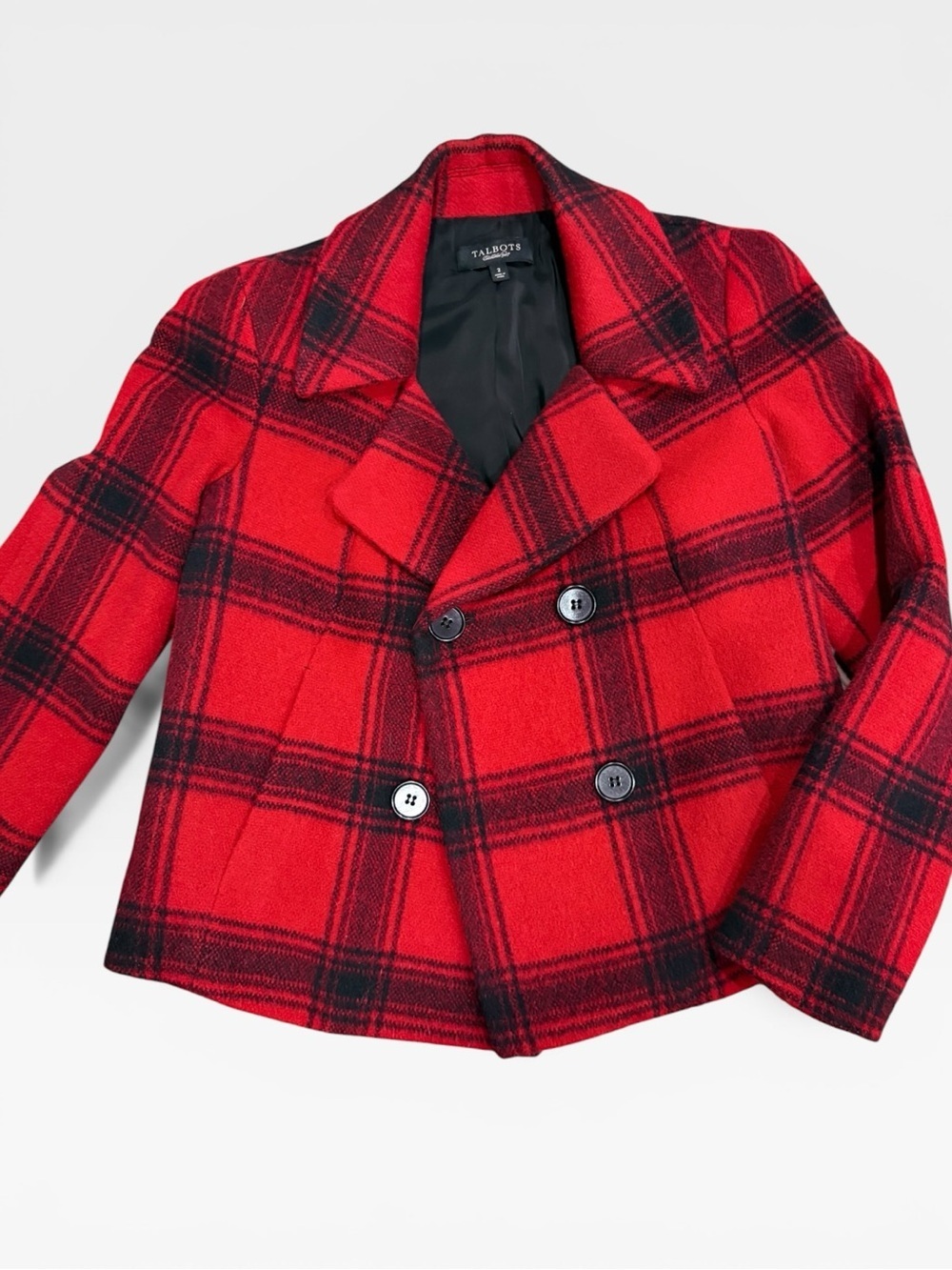Talbots Red Black Plaid Wool Double Breasted Peacoat Size 2